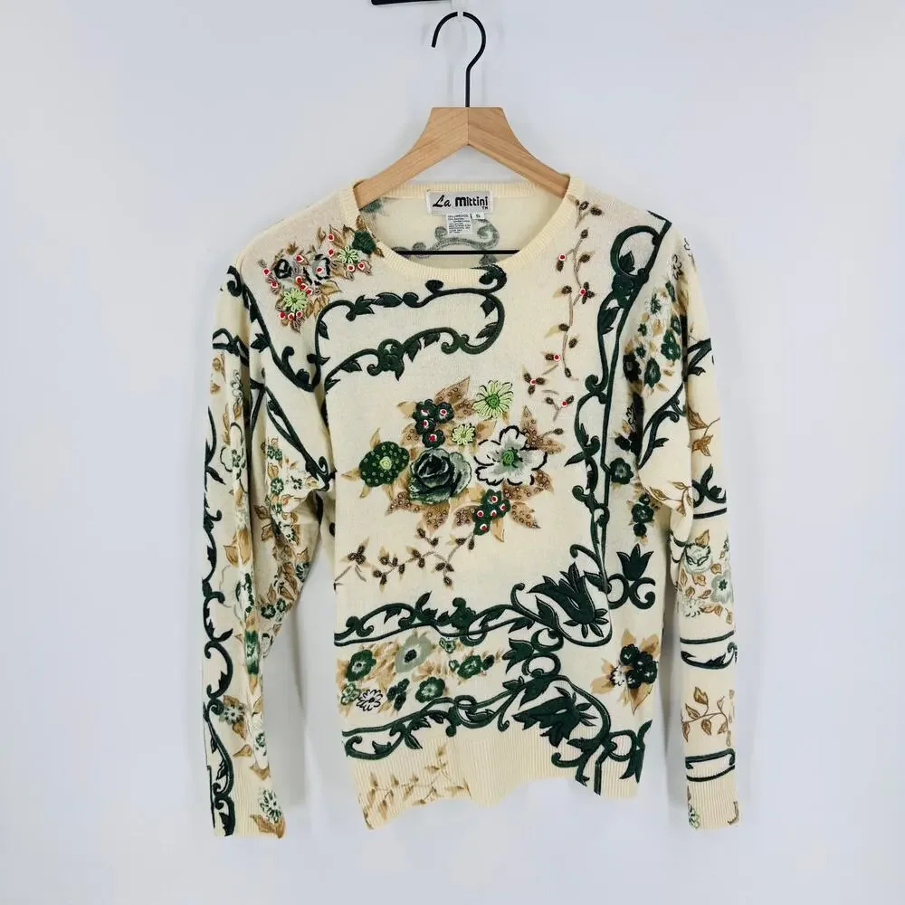 Vintage‎ La Mattini Embellished Floral Sweater Cream Green Beaded Knit Size S